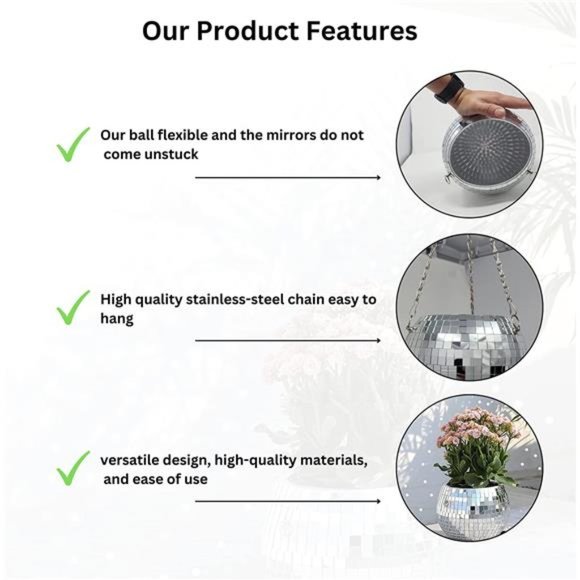 Disco Ball Planter - Unique Silver Hanging Planter with Chain & Wood Stand - 8in - Picture 4 of 5